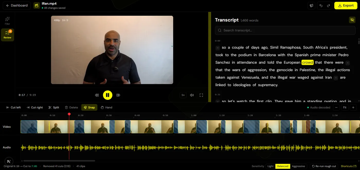 The MyFirstCut editor studio with video, transcript, and cut timeline