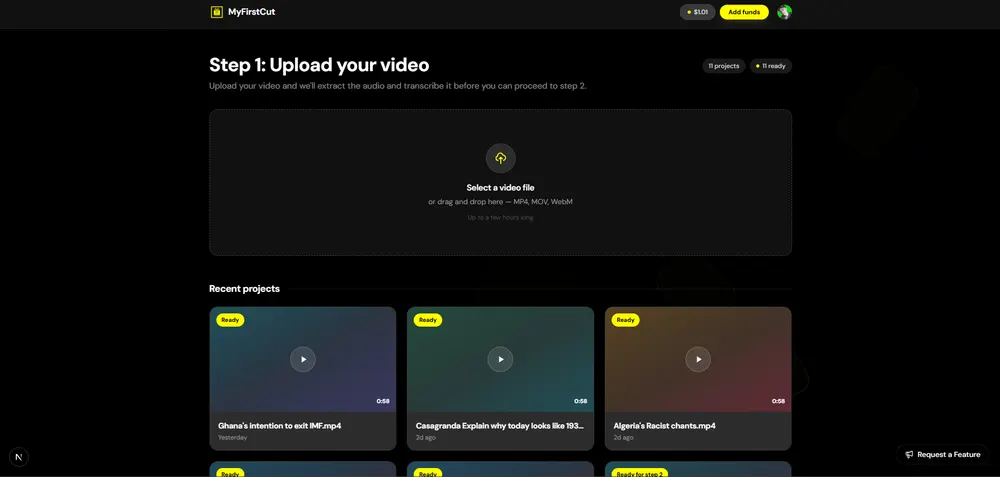 The MyFirstCut project dashboard with uploads and recent projects
